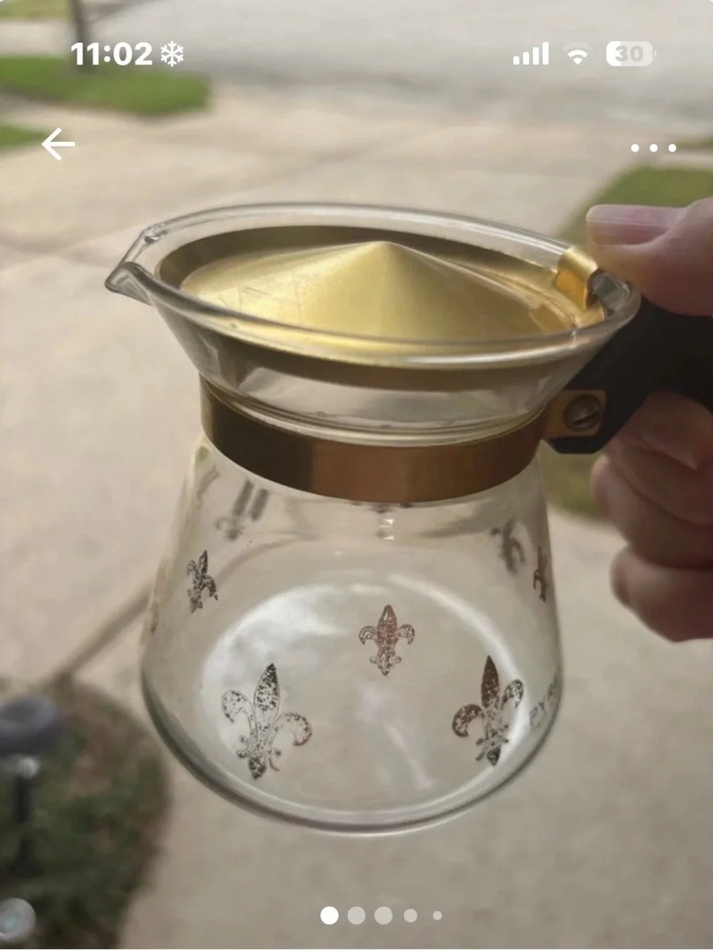 Pyrex Glass Coffee Creamer with Gold Accents and Fleur-de-Lis Motif